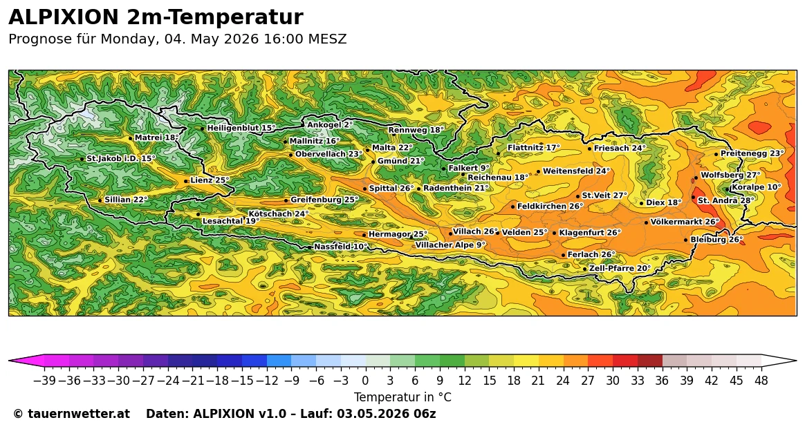 ALPIXION-Temperaturprognose für Montagnachmittag, 4. Mai 2026