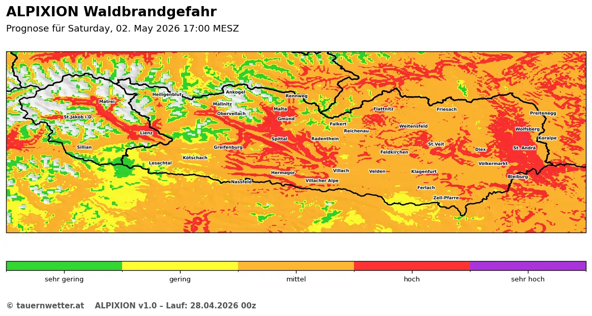 ALPIXION Waldbrandgefahr für Samstag, den 2. Mai 2026 mit überwiegend roten Flächen in Kärnten