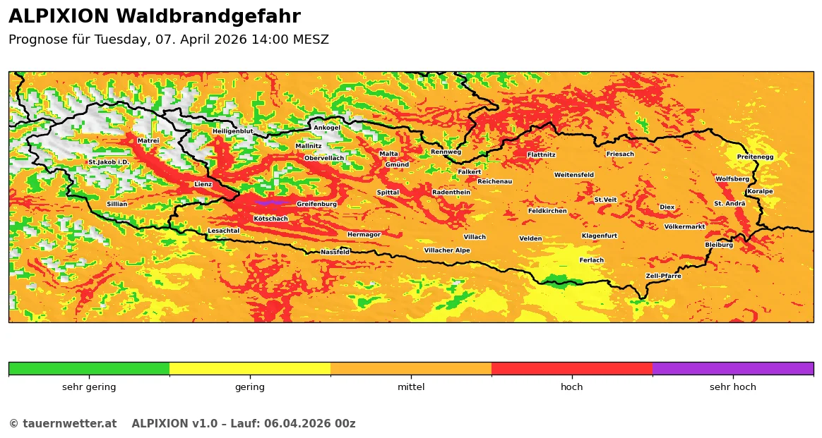 ALPIXION-Waldbrandgefahrenkarte für Dienstag, 7. April 2026