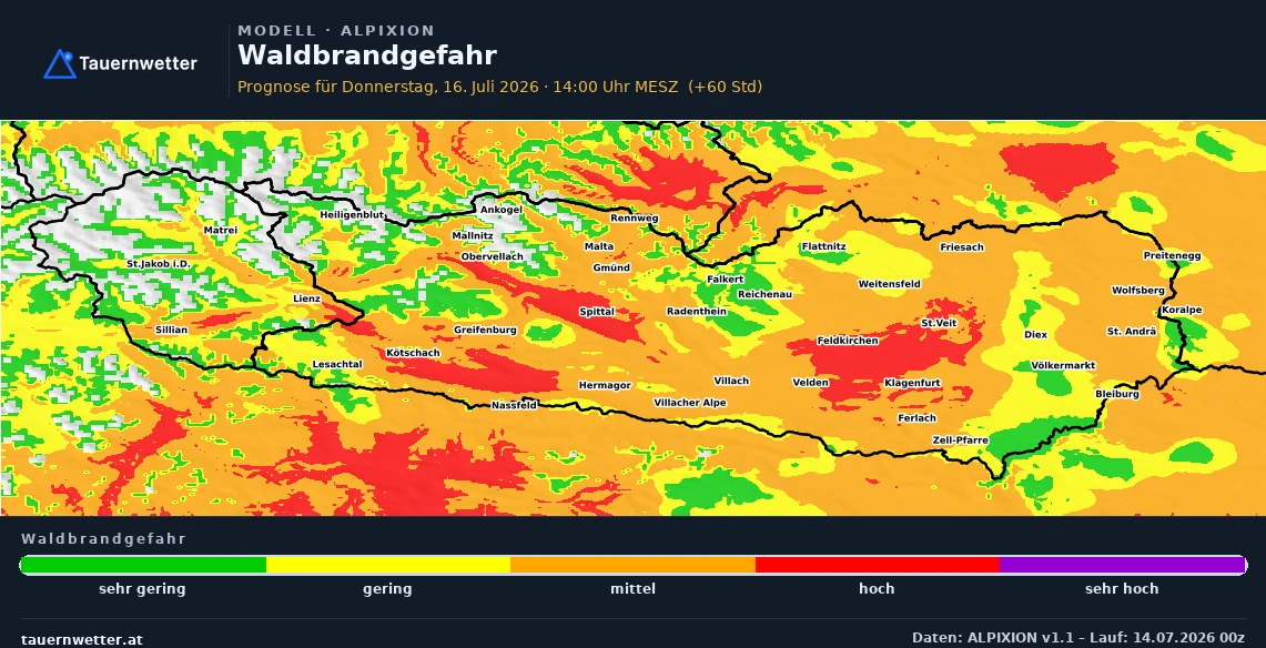 Karte der Waldbrandgefahr in Kärnten und Osttirol für Donnerstag mit regional hoher Gefahrenstufe.