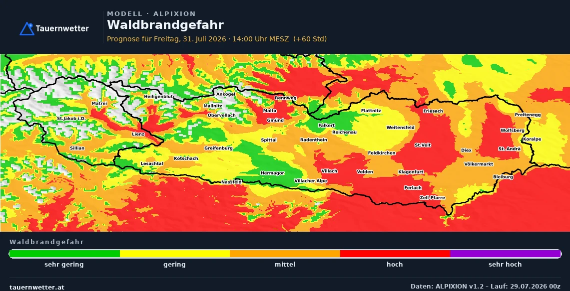 Karte der Waldbrandgefahr in Kärnten und Osttirol für Freitag, den 31. Juli, mit hoher Gefahr im Lavanttal und im Klagenfurter Becken.