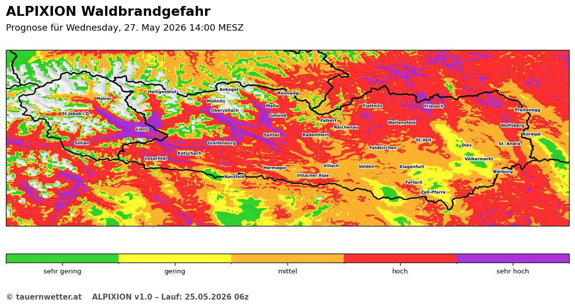 ALPIXION-Karte der Waldbrandgefahr in Kärnten und Osttirol am Mittwoch, 27. Mai 2026 – verbreitet höchste Gefahrenstufe.