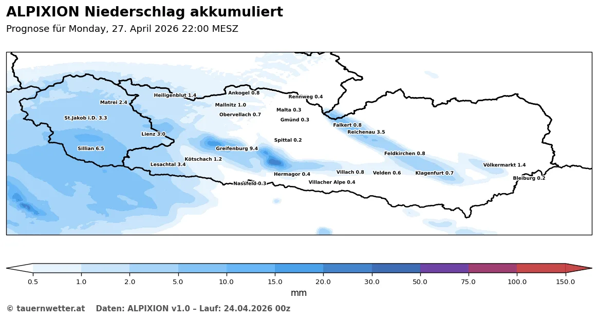 ALPIXION-Niederschlagsprognose für Kärnten bis Montag 27. April 2026