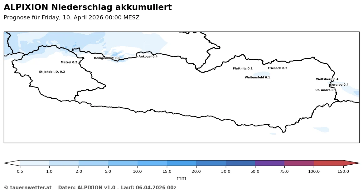 Akkumulierte Niederschlagsprognose des ALPIXION-Modells bis Donnerstag, 9. April 2026