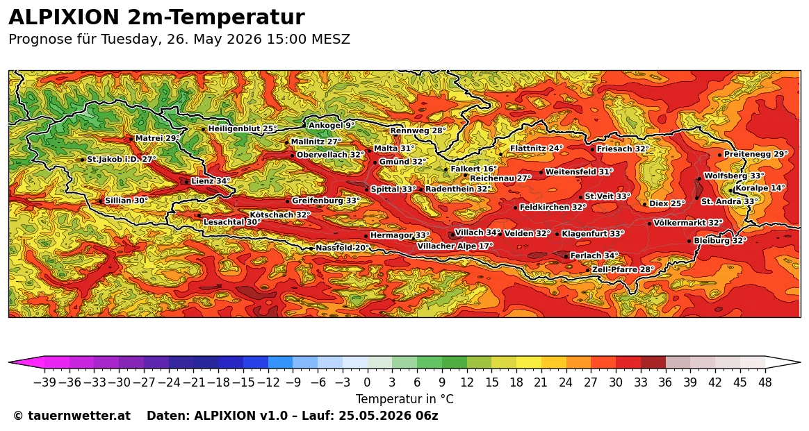 ALPIXION-Karte der 2m-Temperatur in Kärnten und Osttirol am Dienstag, 26. Mai 2026 um 15 Uhr MESZ – bis zu 34 Grad im Lavanttal, im Raum Villach und im Rosental.
