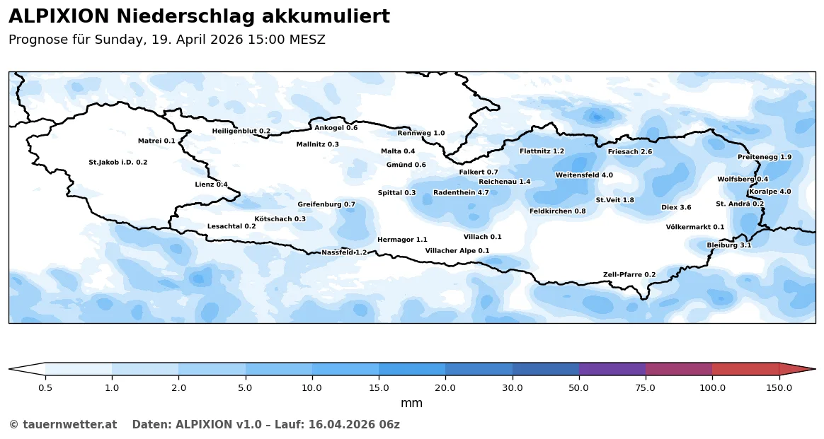 ALPIXION-Niederschlagsprognose für Kärnten bis Sonntag 19. April 2026
