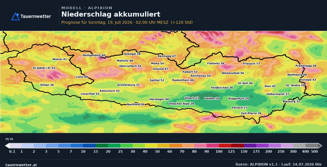 ALPIXION-Karte des aufsummierten Niederschlags in Kärnten und Osttirol bis Sonntag mit stark unterschiedlichen Regenmengen.