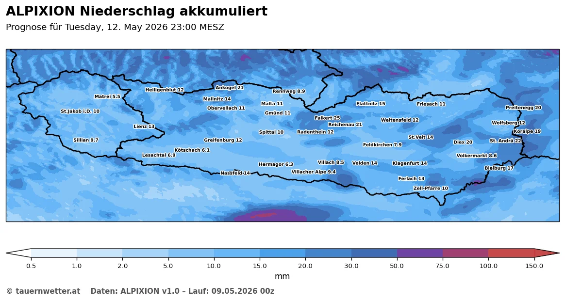 ALPIXION-Niederschlagsprognose für Kärnten und Osttirol bis Dienstag, 12. Mai 2026