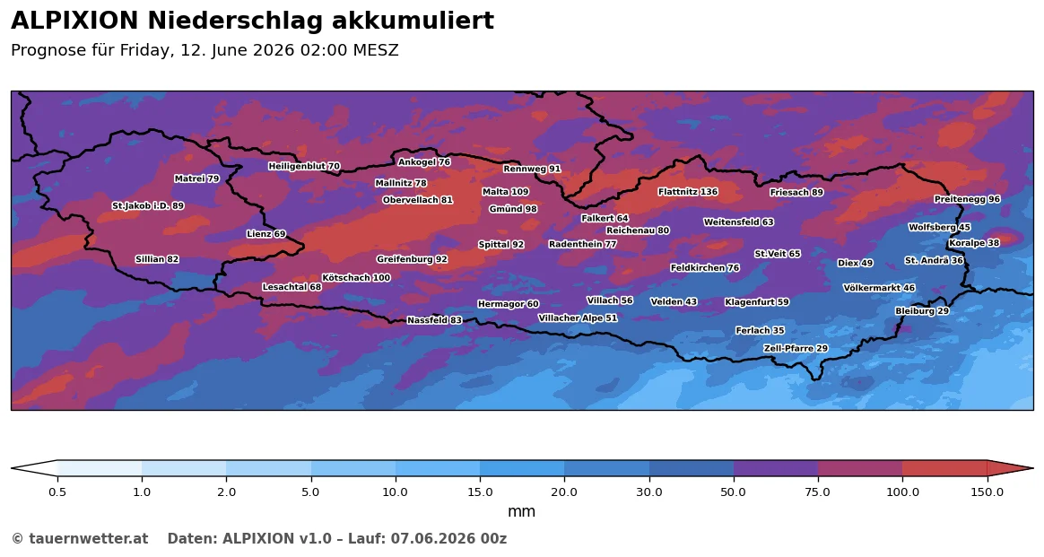 ALPIXION-Prognosekarte des akkumulierten Niederschlags bis Freitag, 12. Juni 2026, mit den höchsten Werten in Osttirol, Oberkärnten und den Gurktaler Alpen