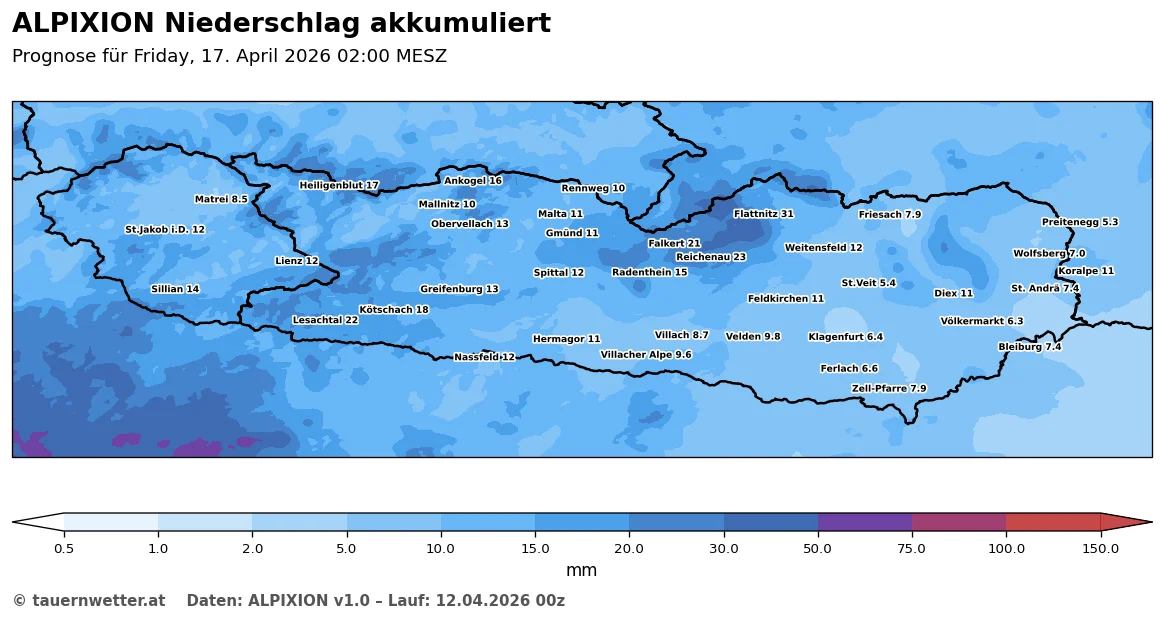 ALPIXION-Niederschlagsprognose bis Freitag, 17. April 2026