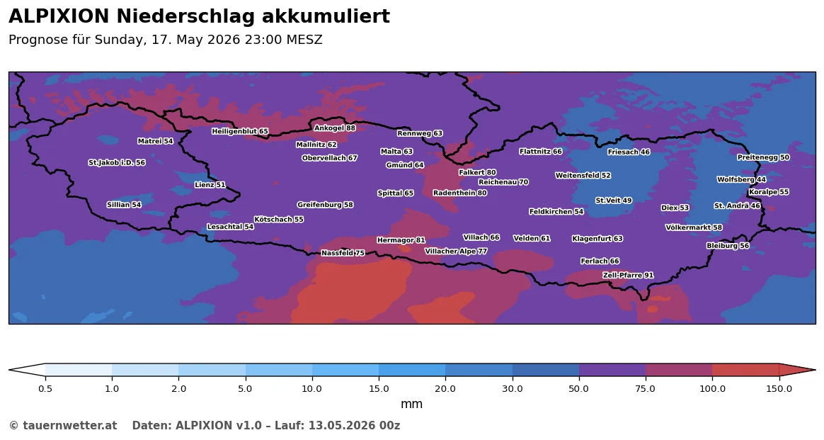 ALPIXION-Niederschlagsprognose für Kärnten und Osttirol bis Sonntag, 17. Mai 2026