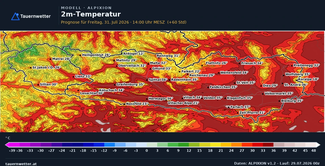 ALPIXION-Karte der 2-Meter-Temperatur für Kärnten und Osttirol am Freitag, 31. Juli, um 14 Uhr mit Werten bis 37 Grad.