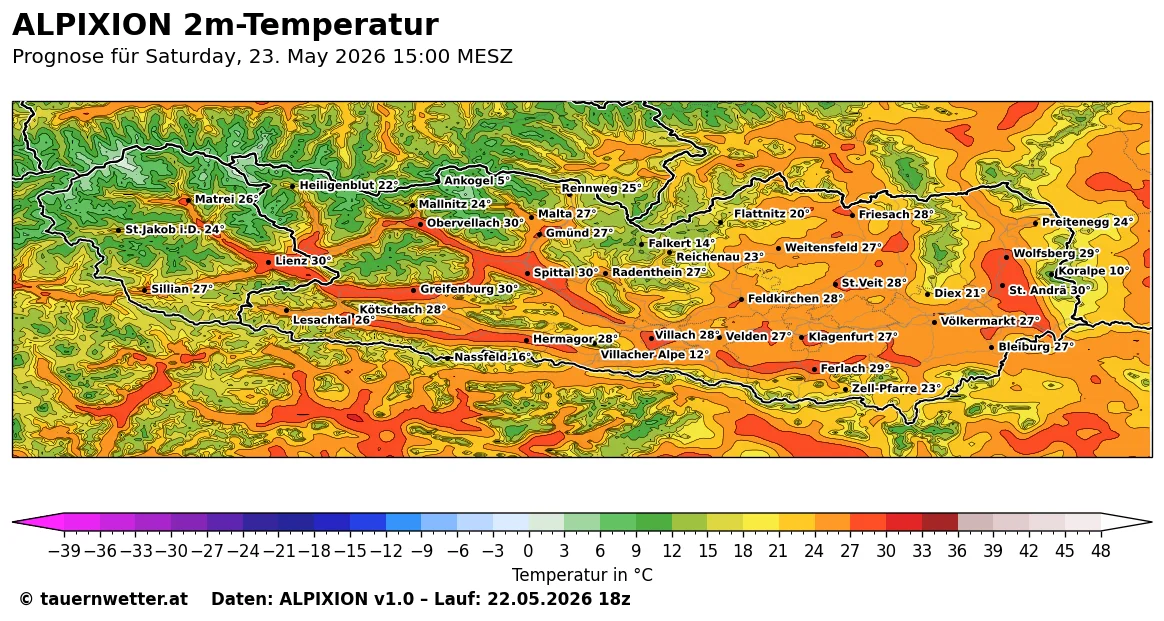 ALPIXION-Karte der 2m-Temperatur in Kärnten und Osttirol am Samstag, 23. Mai 2026 um 15 Uhr MESZ.