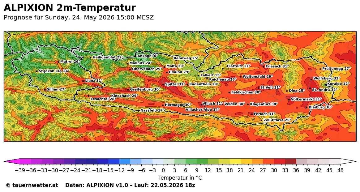 ALPIXION-Karte der 2m-Temperatur in Kärnten und Osttirol am Sonntag, 24. Mai 2026 um 15 Uhr MESZ – im Lavanttal und im oberen Drautal bis zu 32 Grad.