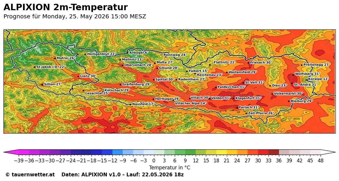 ALPIXION-Karte der 2m-Temperatur in Kärnten und Osttirol am Montag, 25. Mai 2026 um 15 Uhr MESZ – am heißesten im Klagenfurter Becken und im Lavanttal.