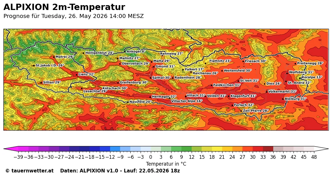 ALPIXION-Karte der 2m-Temperatur in Kärnten und Osttirol am Dienstag, 26. Mai 2026 um 14 Uhr MESZ.