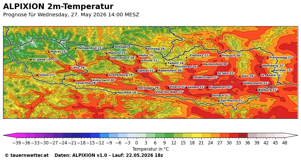 ALPIXION-Karte der 2m-Temperatur in Kärnten und Osttirol am Mittwoch, 27. Mai 2026 um 14 Uhr MESZ – Höhepunkt der Hitzewelle mit bis zu 32 Grad im Lavanttal und in Villach.