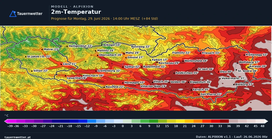 ALPIXION-Karte der 2-Meter-Temperatur für Montag, 29. Juni, mit deutlich kühlerem Westen und weiterhin heißem Osten Kärntens