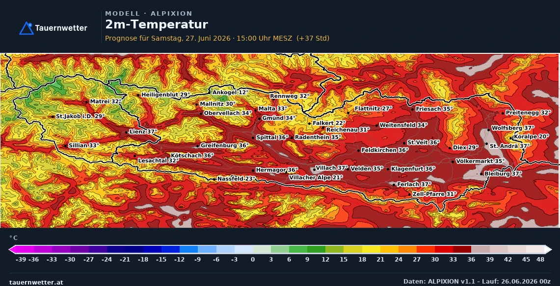 ALPIXION-Karte der 2-Meter-Temperatur für Samstag, 27. Juni, mit verbreitet 30 bis 37 Grad in den Tälern und Becken Kärntens und Osttirols