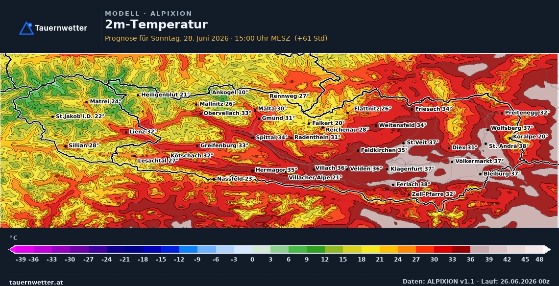 ALPIXION-Karte der 2-Meter-Temperatur für Sonntag, 28. Juni, mit verbreitet über 35 Grad in den Tälern und Becken Kärntens und Osttirols