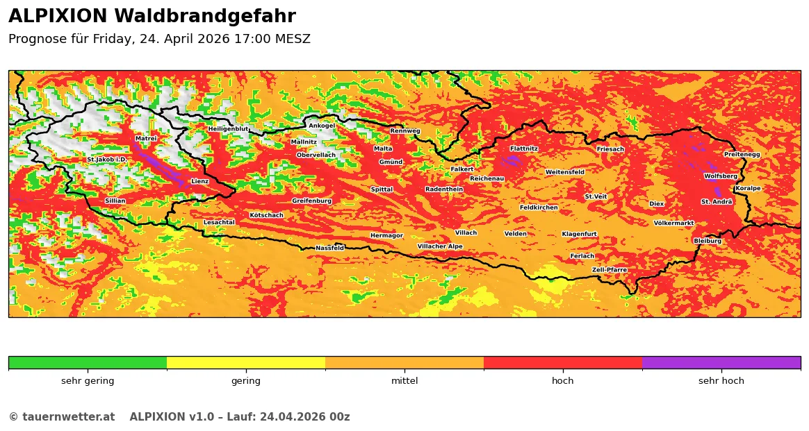 ALPIXION-Waldbrandgefahrenkarte für Kärnten und Osttirol am 24. April 2026