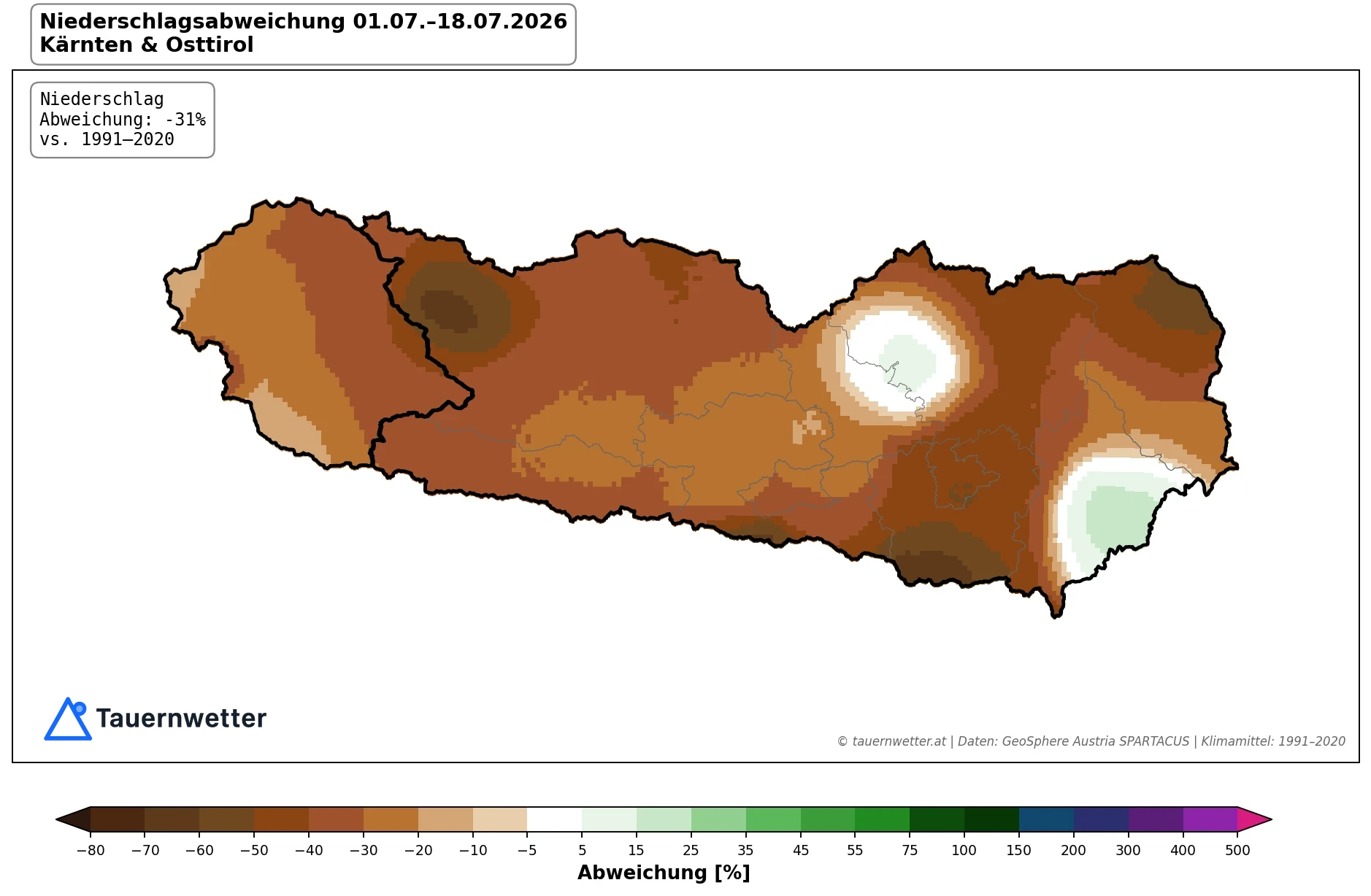 Karte der Niederschlagsabweichung in Kärnten und Osttirol vom 1. bis 18. Juli 2026 mit verbreitet rund 31 Prozent zu wenig Regen.