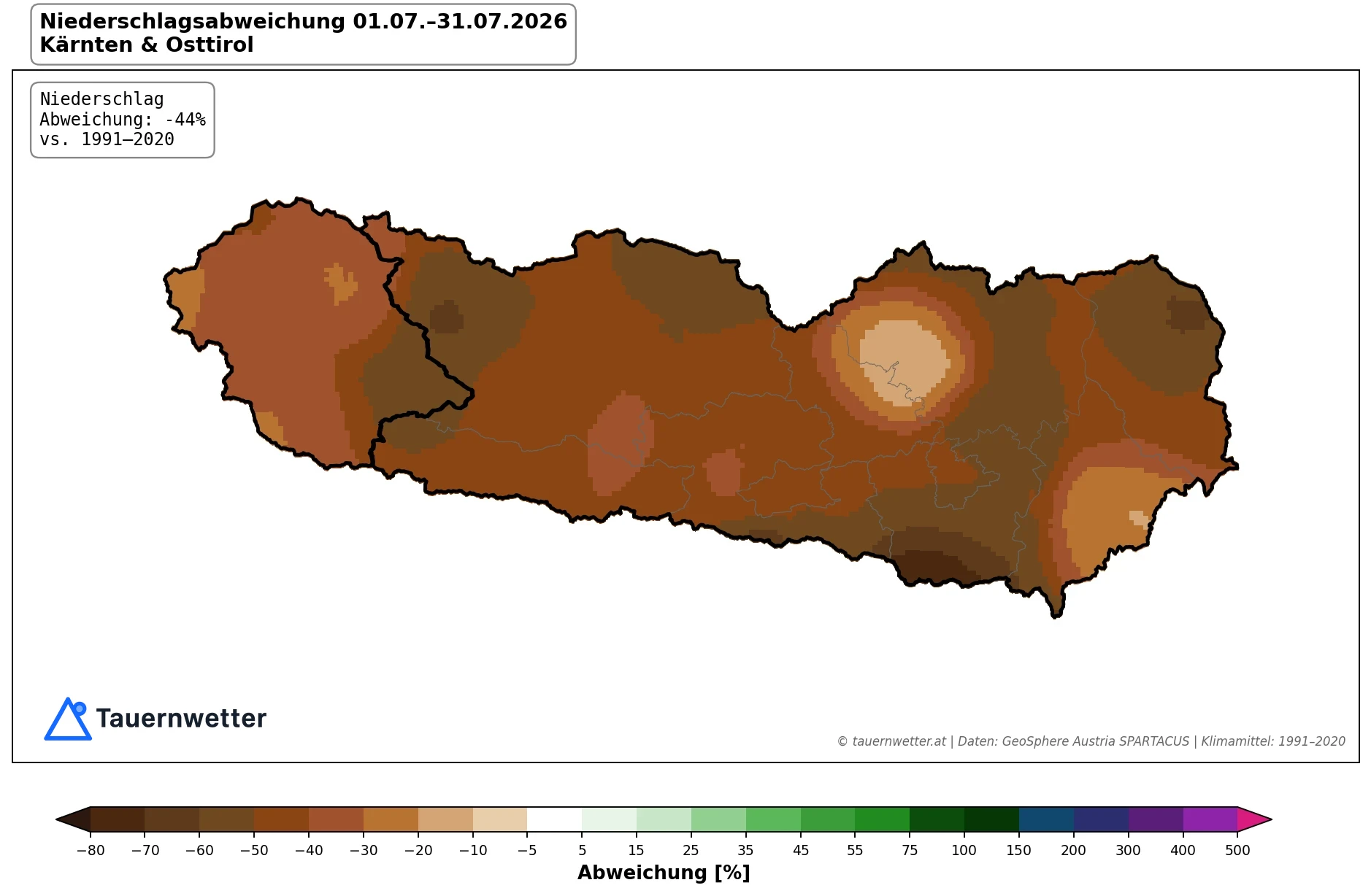 Karte der Niederschlagsabweichung im Juli 2026 in Kärnten und Osttirol gegenüber dem Klimamittel 1991 bis 2020 – flächendeckend braun, also deutlich zu trocken.