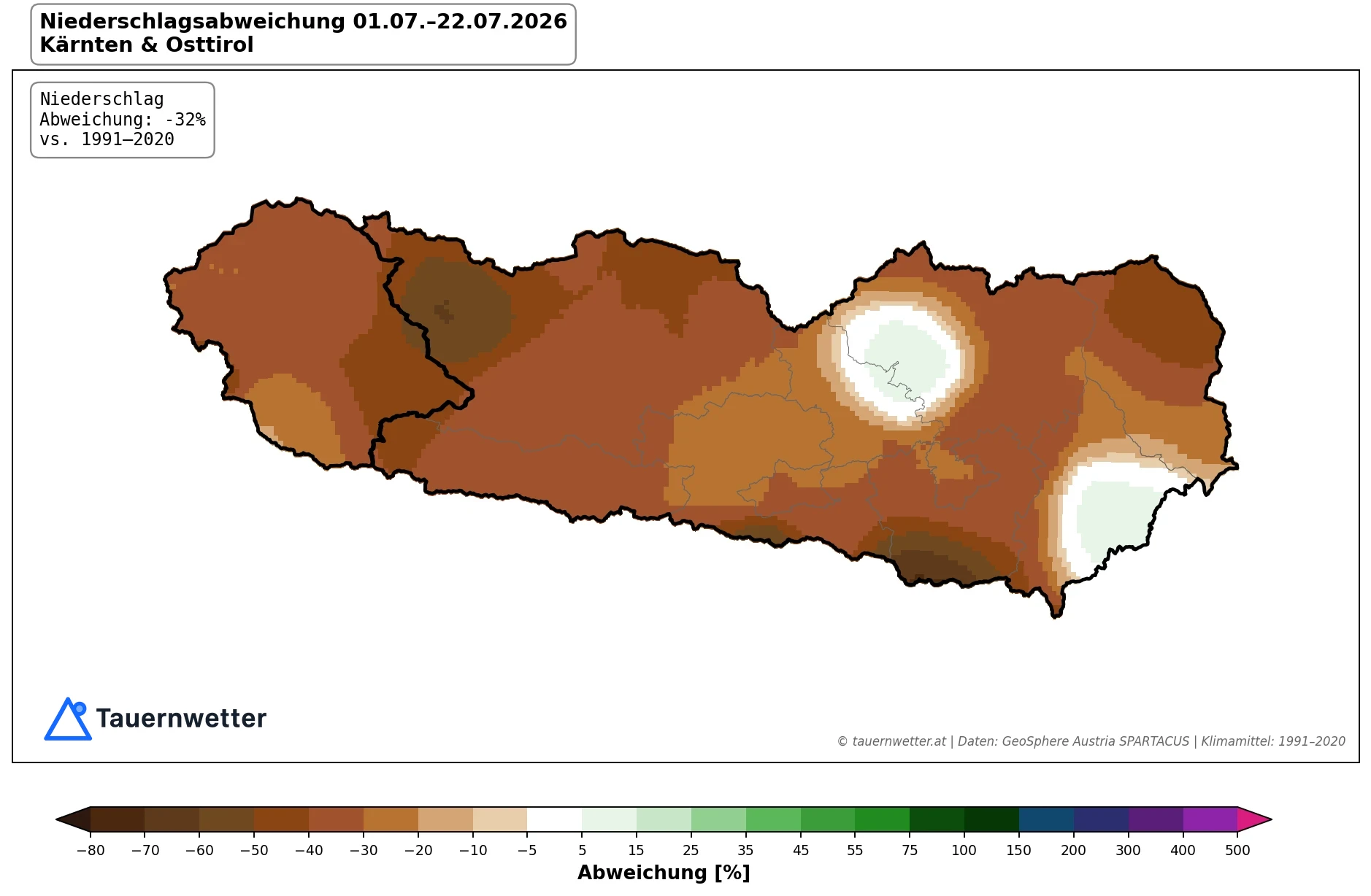 Karte der Niederschlagsabweichung in Kärnten und Osttirol vom 1. bis 22. Juli 2026 mit im Flächenmittel minus 32 Prozent.
