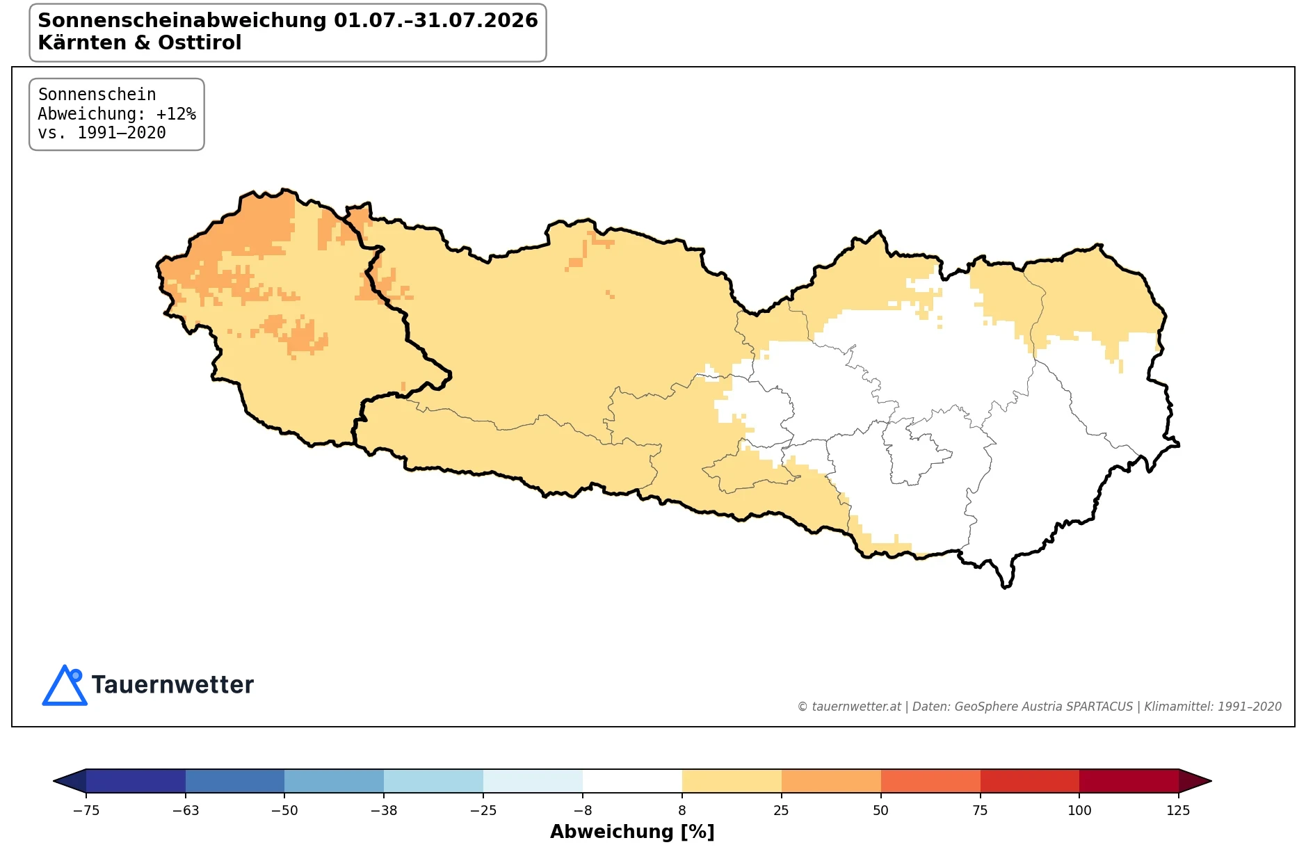 Karte der Sonnenscheinabweichung im Juli 2026 in Kärnten und Osttirol gegenüber dem Klimamittel 1991 bis 2020 – flächendeckend überdurchschnittlich sonnig.
