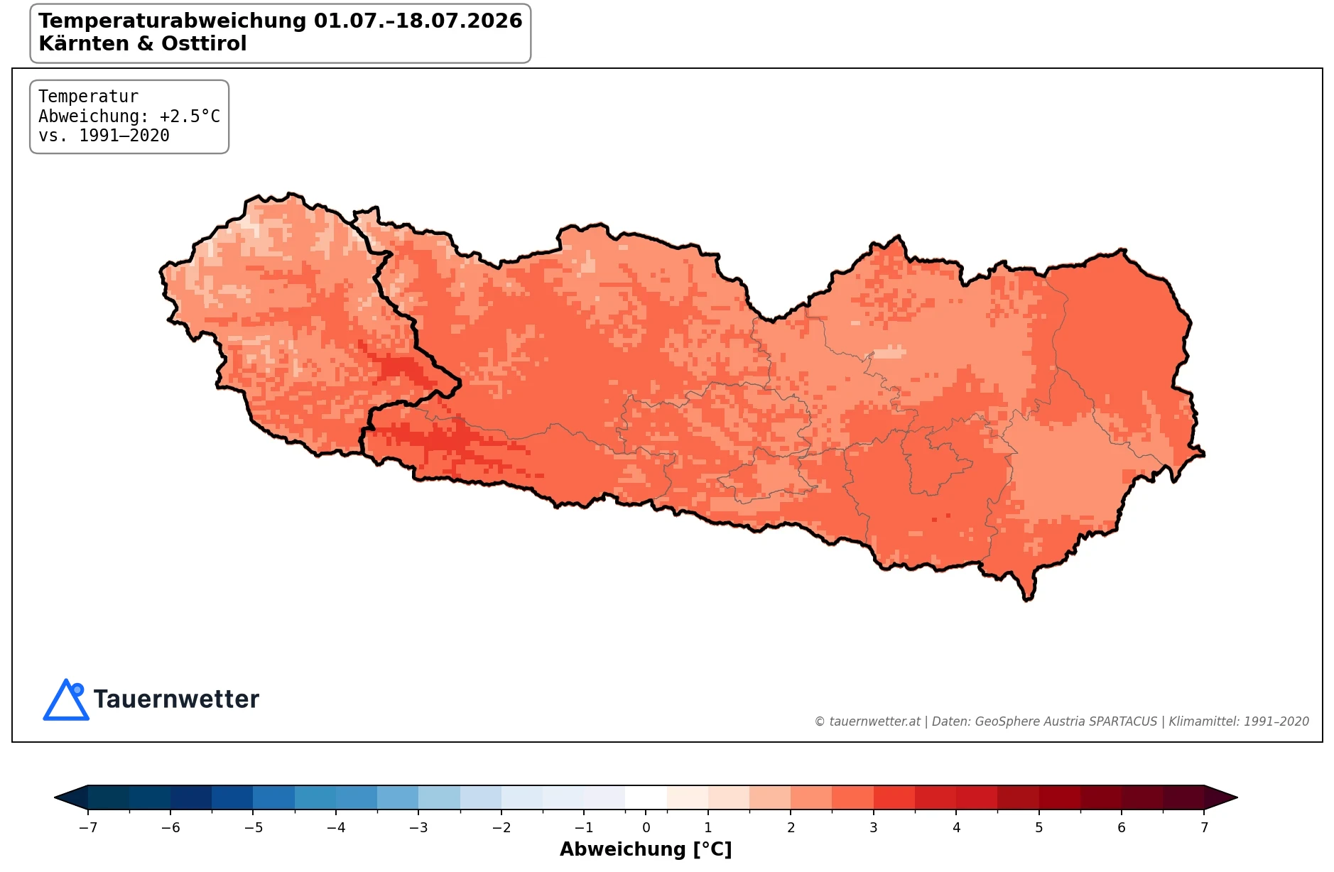 Karte der Temperaturabweichung in Kärnten und Osttirol vom 1. bis 18. Juli 2026 gegenüber dem Klimamittel 1991 bis 2020 mit plus 2,5 Grad.