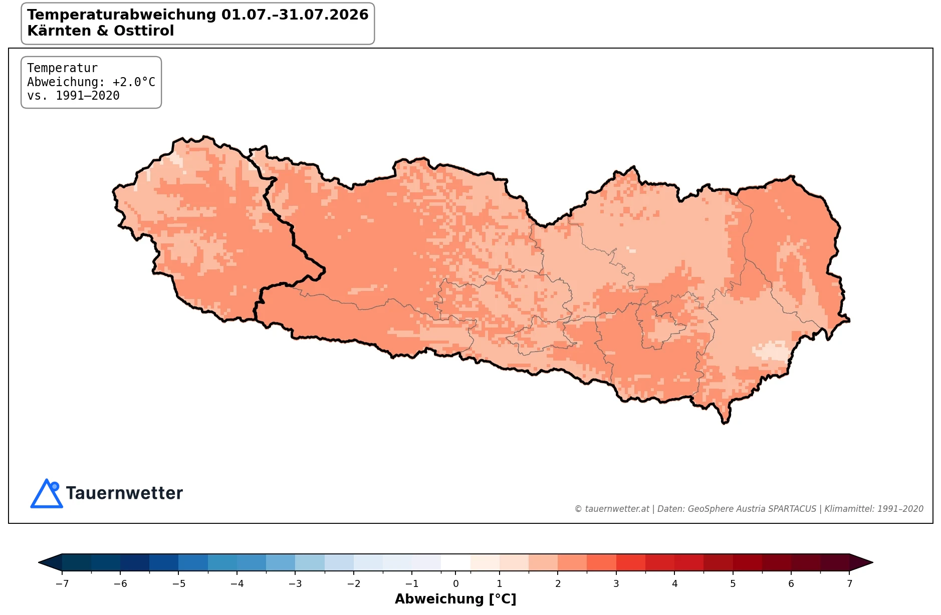 Karte der Temperaturabweichung im Juli 2026 in Kärnten und Osttirol gegenüber dem Klimamittel 1991 bis 2020 – flächendeckend ein bis zwei Grad über dem Durchschnitt.