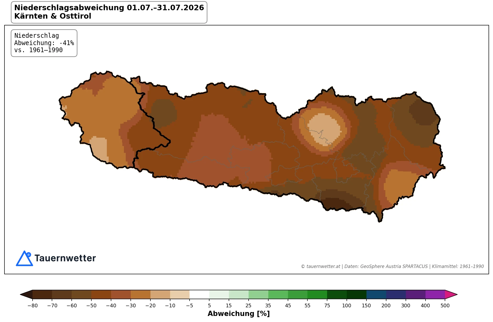 Karte der Niederschlagsabweichung im Juli 2026 in Kärnten und Osttirol gegenüber dem Klimamittel 1961 bis 1990.