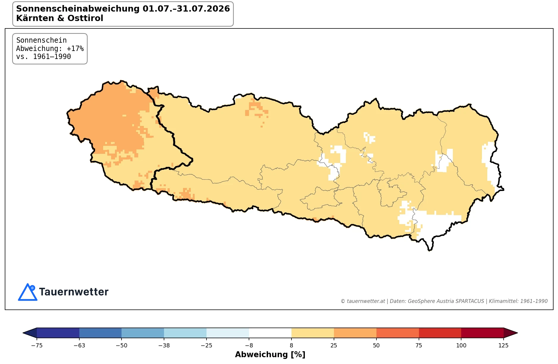 Karte der Sonnenscheinabweichung im Juli 2026 in Kärnten und Osttirol gegenüber dem Klimamittel 1961 bis 1990.