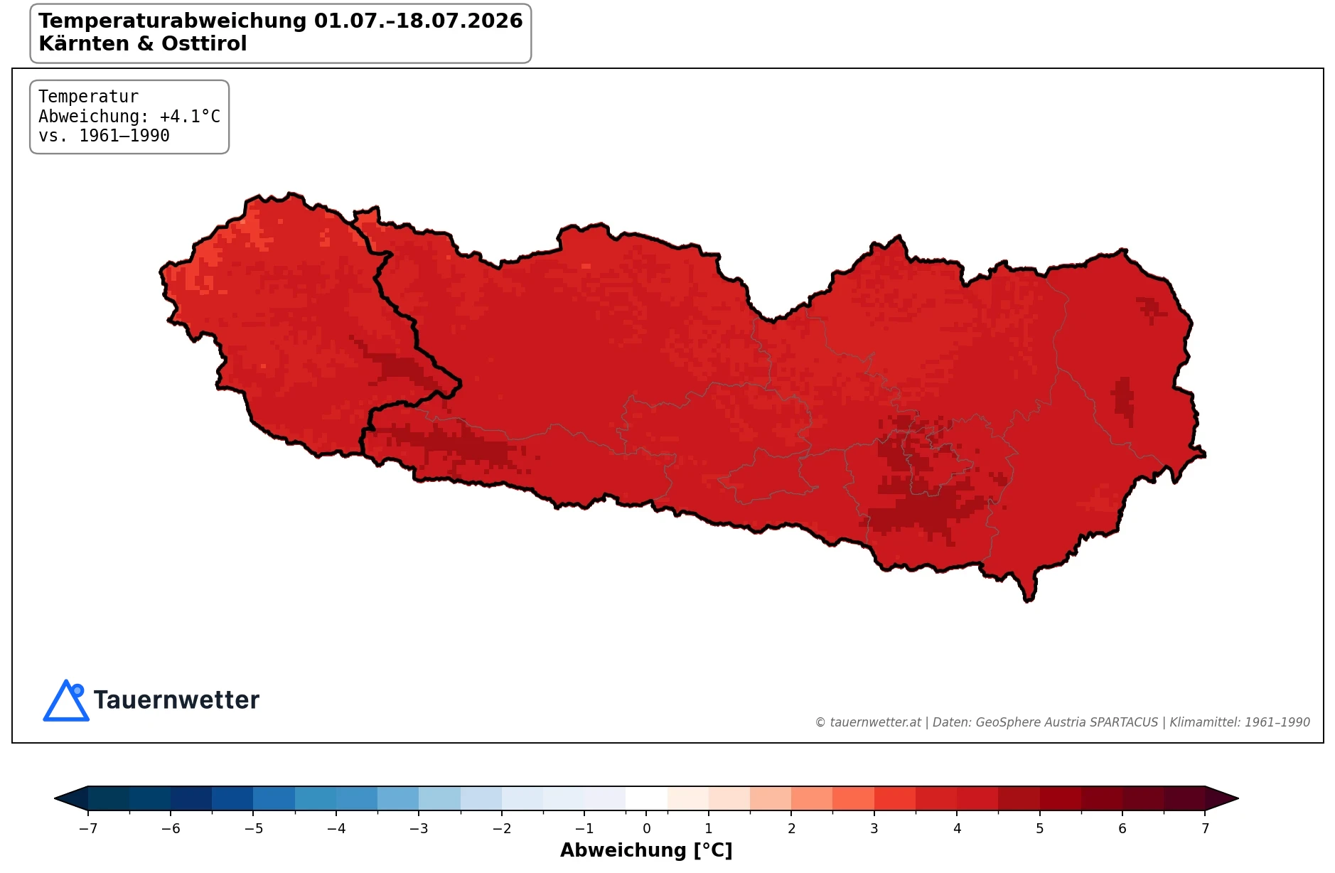 Karte der Temperaturabweichung in Kärnten und Osttirol vom 1. bis 18. Juli 2026 gegenüber dem Klimamittel 1961 bis 1990 mit plus 4,1 Grad.