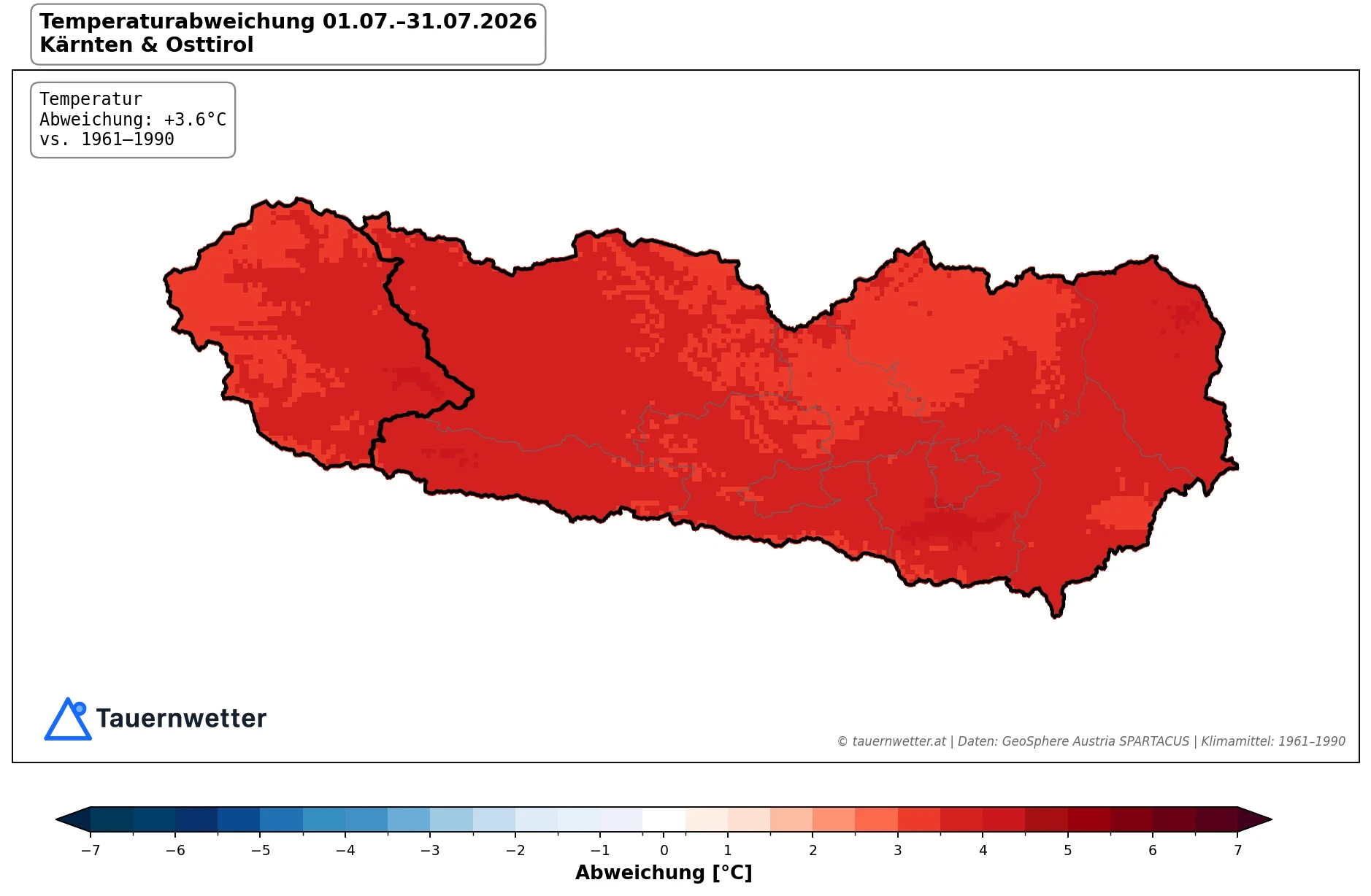 Karte der Temperaturabweichung im Juli 2026 in Kärnten und Osttirol gegenüber dem Klimamittel 1961 bis 1990 – flächendeckend rund drei bis vier Grad über dem Durchschnitt.