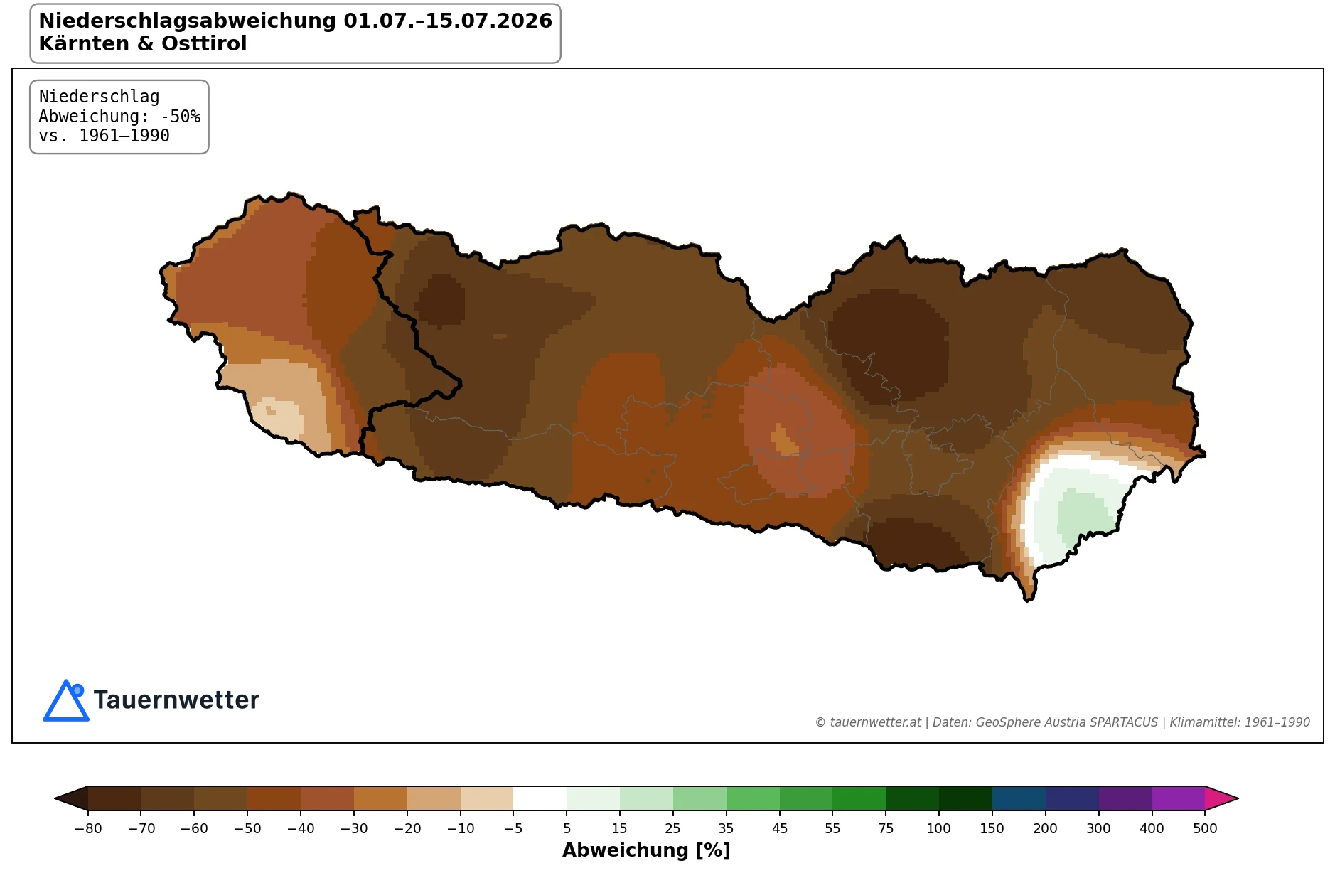 Karte der Niederschlagsabweichung in Kärnten und Osttirol vom 1. bis 15. Juli 2026 mit verbreitet rund 50 Prozent zu wenig Regen.