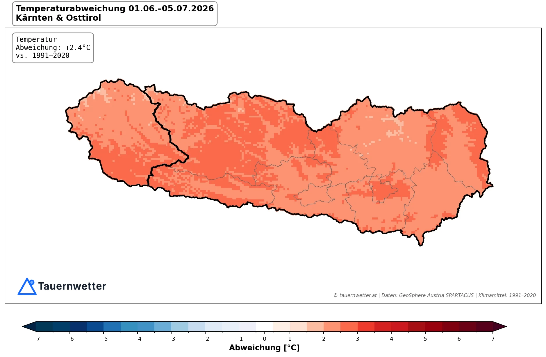 Karte der Temperaturabweichung in Kärnten und Osttirol für den bisherigen Sommer 2026 mit flächendeckend über zwei Grad zu warmen Werten.