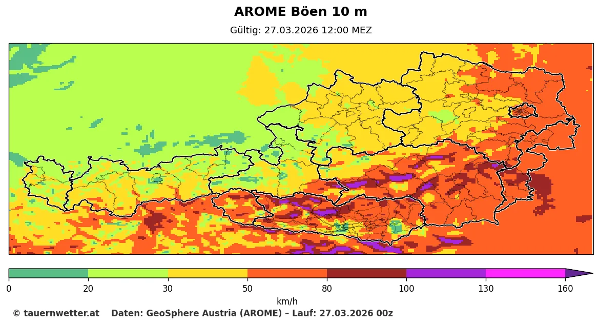 AROME-Modell, Rohdaten: GSA: Böenprognose für Freitag, 27. März 2026 – besonders im Süden und an der Grenze von Kärnten zur Steiermark und zu Salzburg Böen über 80 km/h