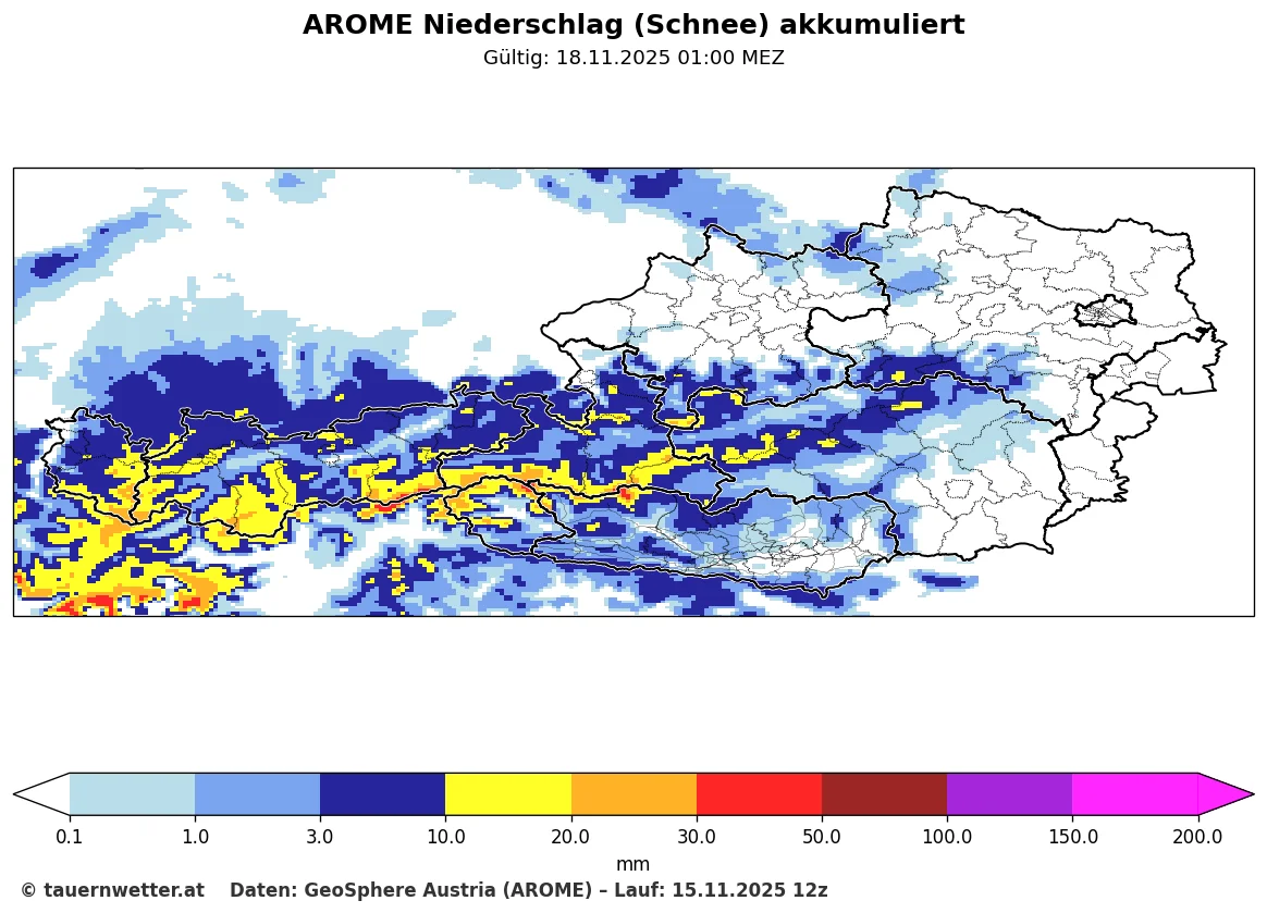AROME-Modell: Akkumulierte Niederschlagsprognose Schnee für Montag