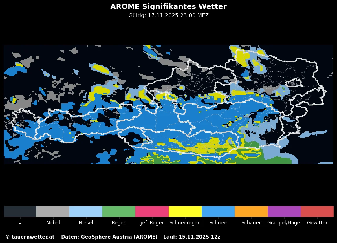 AROME-Modell: Signifikantes Wetter und Niederschlagsart für Montag