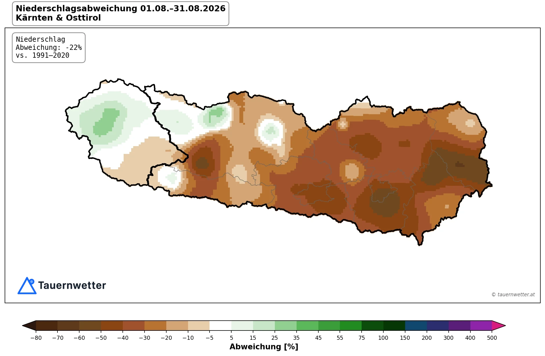 Karte der Niederschlagsabweichung im August 2026 in Kärnten und Osttirol: braune Töne in Unterkärnten, grüne in Osttirol.