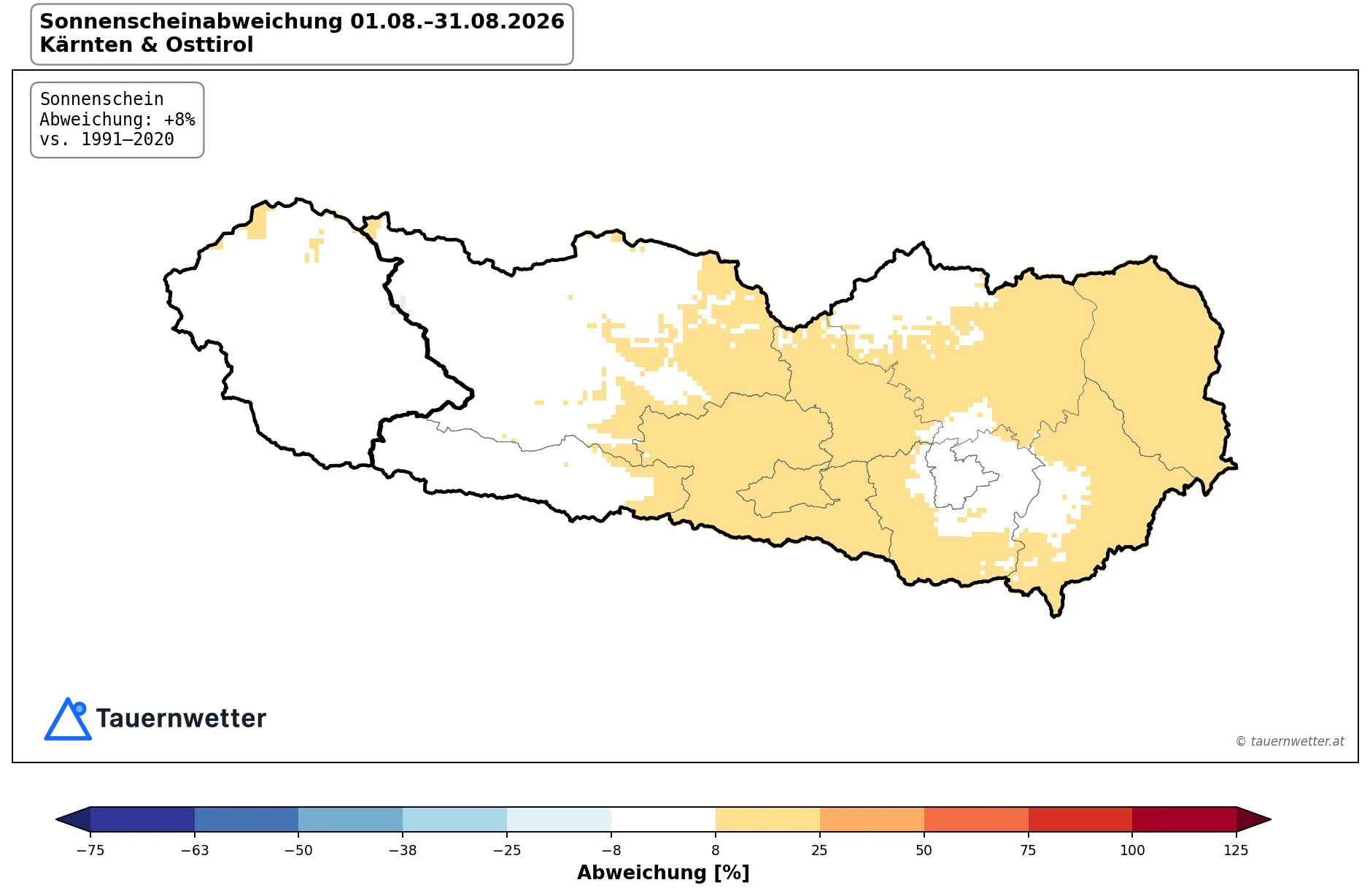 Karte der Sonnenscheinabweichung im August 2026 in Kärnten und Osttirol mit überwiegend leicht positiven Werten.