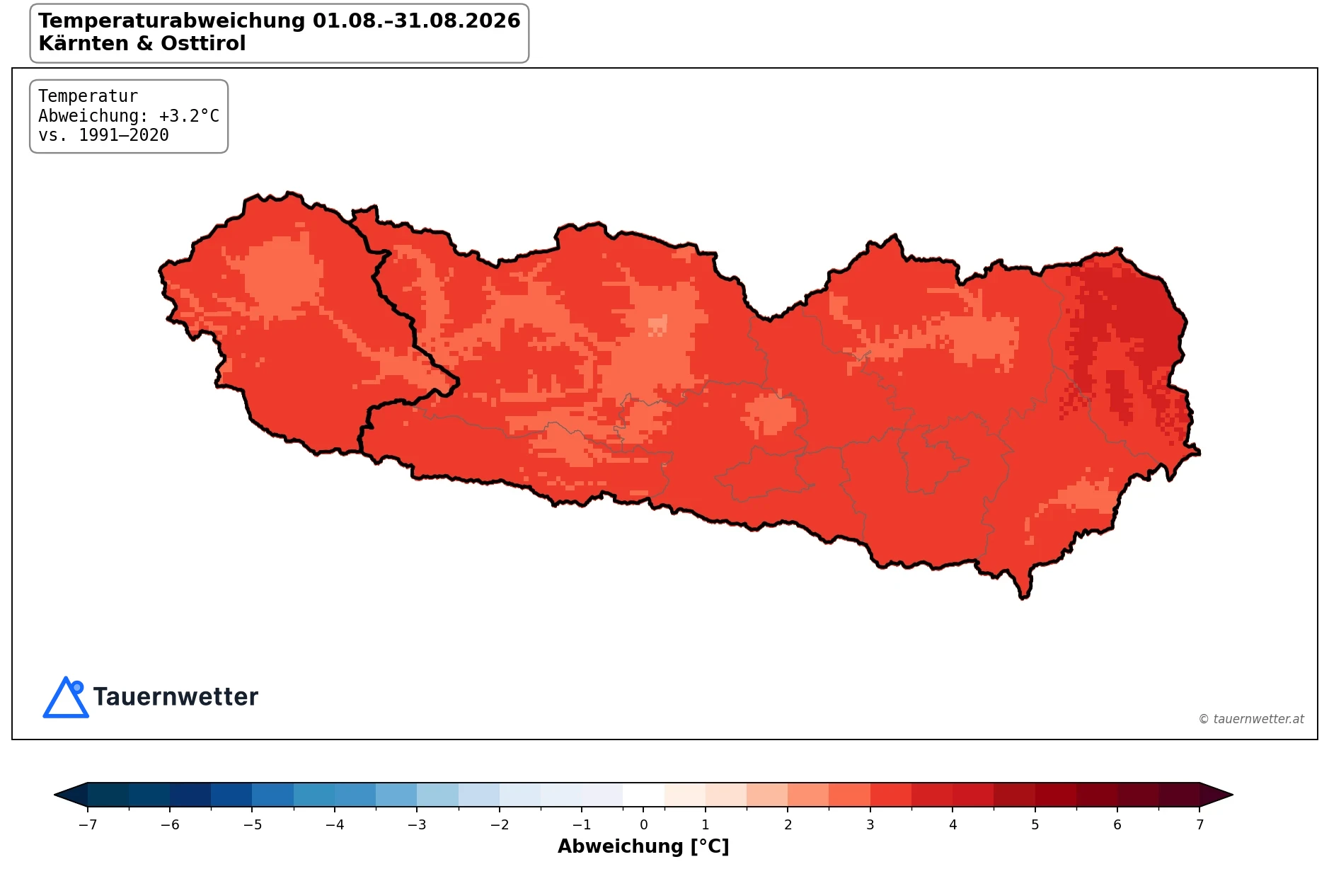 Karte der Temperaturabweichung im August 2026 in Kärnten und Osttirol, flächendeckend rund drei Grad über dem Mittel.