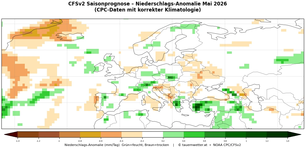 CFSv2-Saisonprognose Niederschlagsanomalie Mai 2026 für den Alpenraum