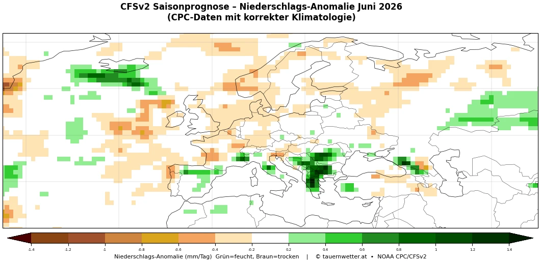 CFSv2-Saisonprognose Niederschlagsanomalie Juni 2026 für den Alpenraum