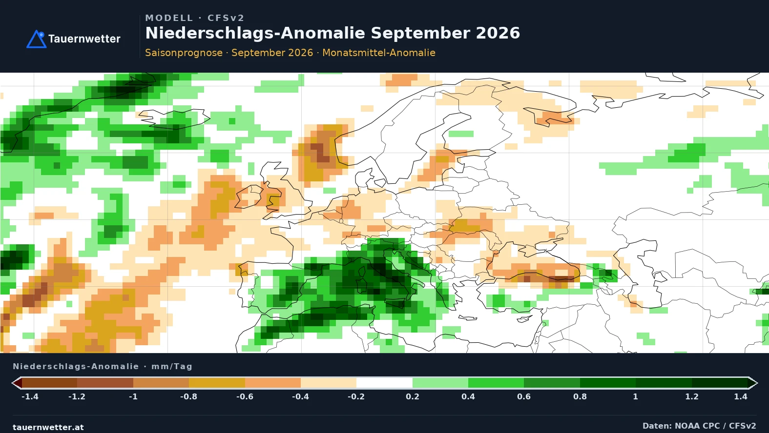 Experimentelle CFSv2-Saisonprognose für September 2026 mit überdurchschnittlichem Niederschlag über Oberitalien und der Adria.
