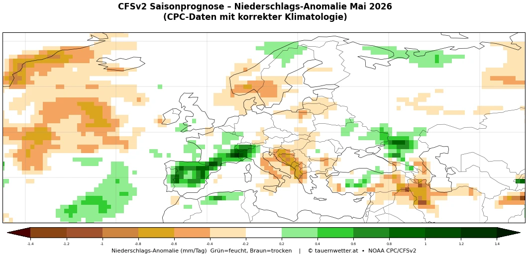 CFSv2-Saisonprognose Niederschlagsanomalie Mai 2026