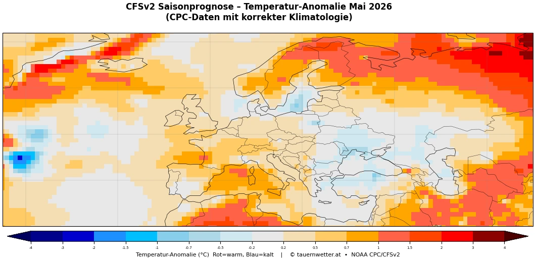 CFSv2-Saisonprognose Temperaturanomalie Mai 2026