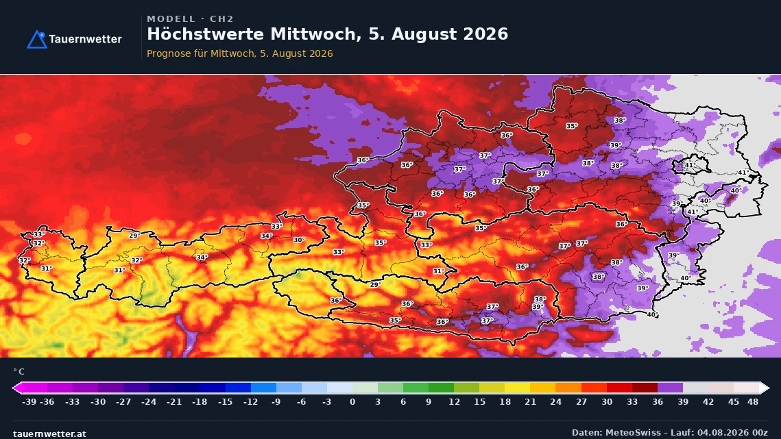 Prognosekarte der Höchstwerte in Österreich für Mittwoch, den 5. August 2026.