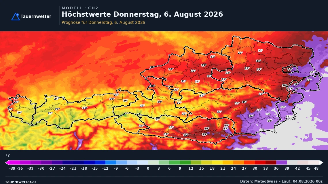 Prognosekarte der Höchstwerte in Österreich für Donnerstag, den 6. August 2026.